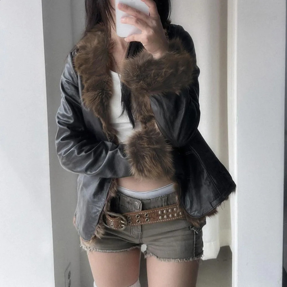 Neploe Slim PU American Vintage Fur Patchwork Coat Leather Spice s Fairycore Y2K Jacket Harajuku Streetwear Hip Hop Outwears 241220