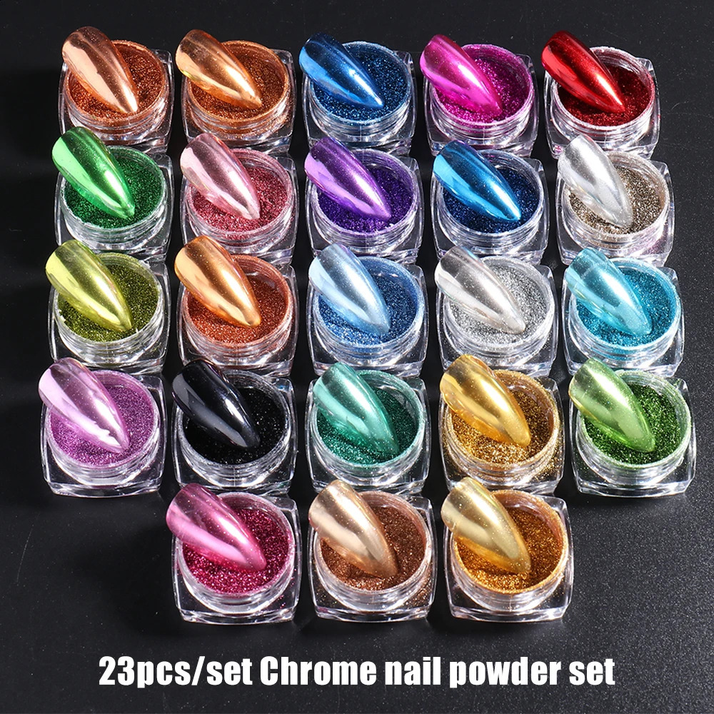 23pcs Chrome Nail Powder Set Mirror Rubbing Pigment Gold Metallic Powder Dust Summer Glitter Flakes Gel Polish Decor GLMCB01-24 241223