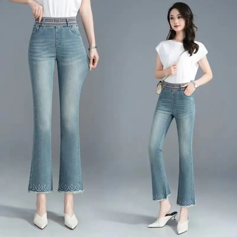 Womens Jeans Denim Flare Elastic Band High Waist Slim Flash Fashion Allmatch Comfortable Office Lady Washed Pants 241228