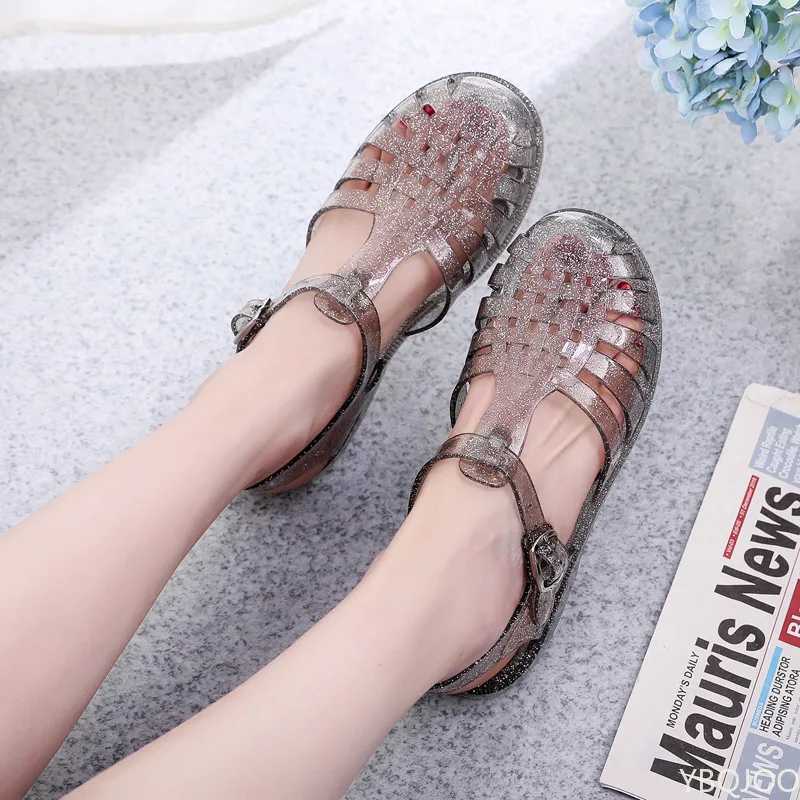 Hollow Out Bling Rainproof Jelly Sandals Women Summer Candy Shoes Woman Slippers Cover Toe Flat Femmes Sandals Pvc Sandals M241227