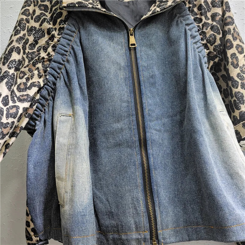 DEAT Womens Denim Coat Patchwork Leopard Printed Long Sleeve Zipper Turn-down Collar Jackets 2025 Fashion Spring 33A 241223