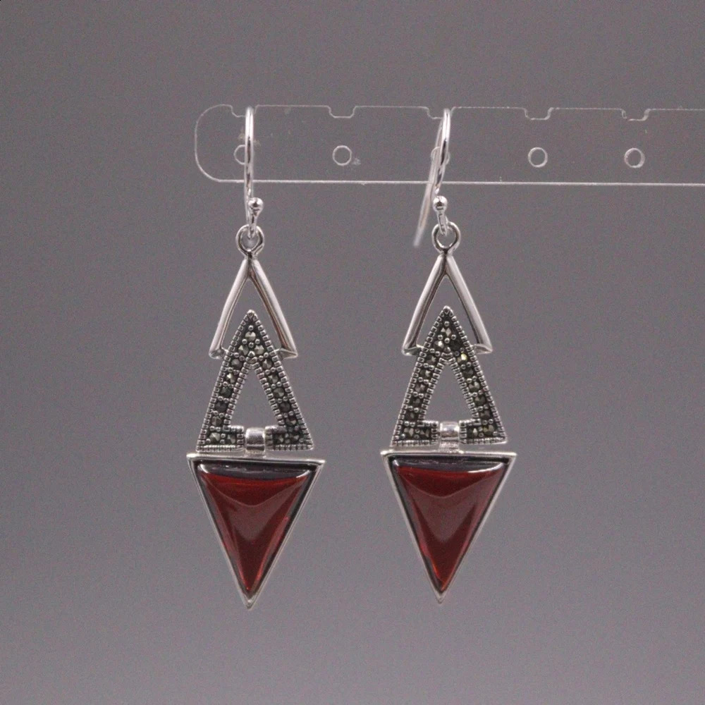Real Solid 925 Sterling Silver Dangle Women Gift Lucky Garnet Triangle Geometry Earrings 241226