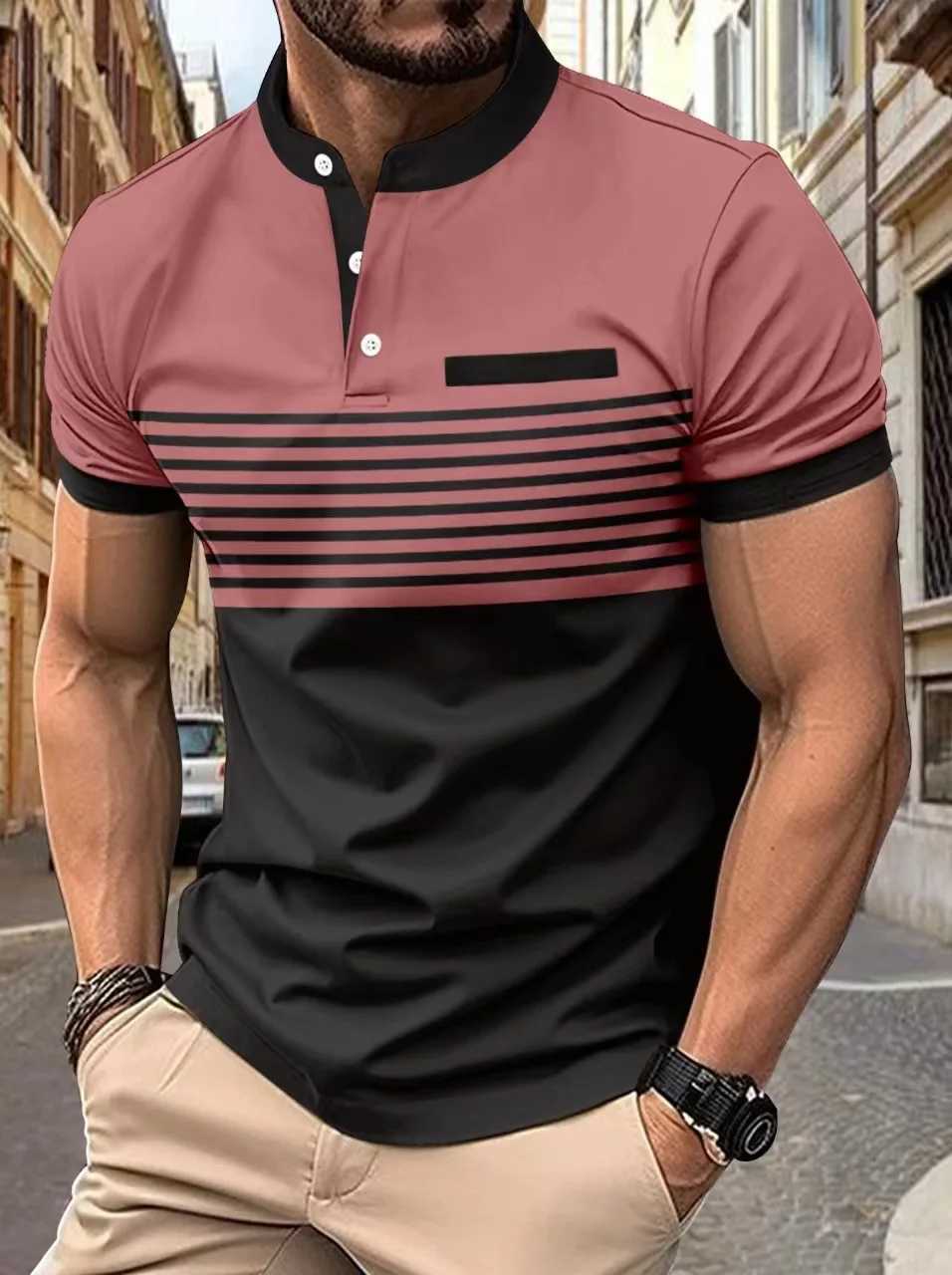 Mens spring and summer new casual short-sleeved shirt3 button horizontal stripe printed stand collar sports shirt shirt top X241228