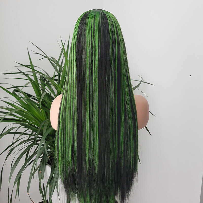 13 * 4 Women's Synthetic Front Lace Mid Split Long Straight Wig Black Green Mixed Color Kq2 Kq2