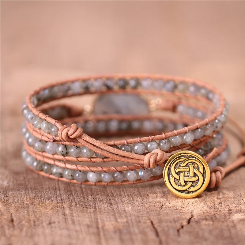 Boho Grey Labradorite Leather Wrap Bracelet Natural Stone Handmade 3 Strands Beads Cord Bracelet Unisex Jewelry Drop 241227