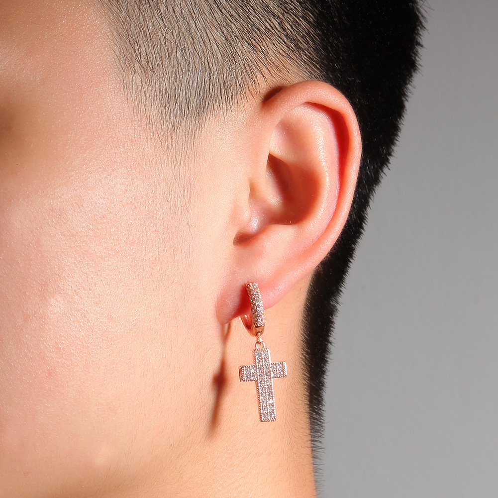 Hip Hop 14k Gold Shiny Cubic Zircon Cross Dangle Huggie Hoop Earrings Fine Quality Full Iced Out Cz Stones Jewelry Accessories Earring Pendientes Cruz