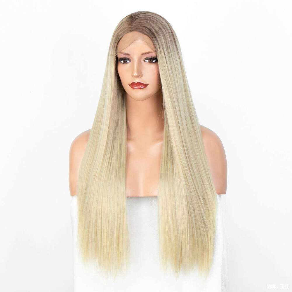 Wig New Mid Split Gradient Gold Straight Hair, Hand Crocheted T-Shaped Front Lace Synthetic Wig, Long Kq2 Kq2