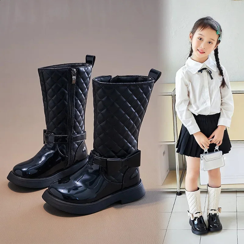 Girls Black Boots Glossy 2024 Side Zipper Children High Boots Bow Kids Versatile Casual Shoes for Catwalk Britain Style Non-slip 241228