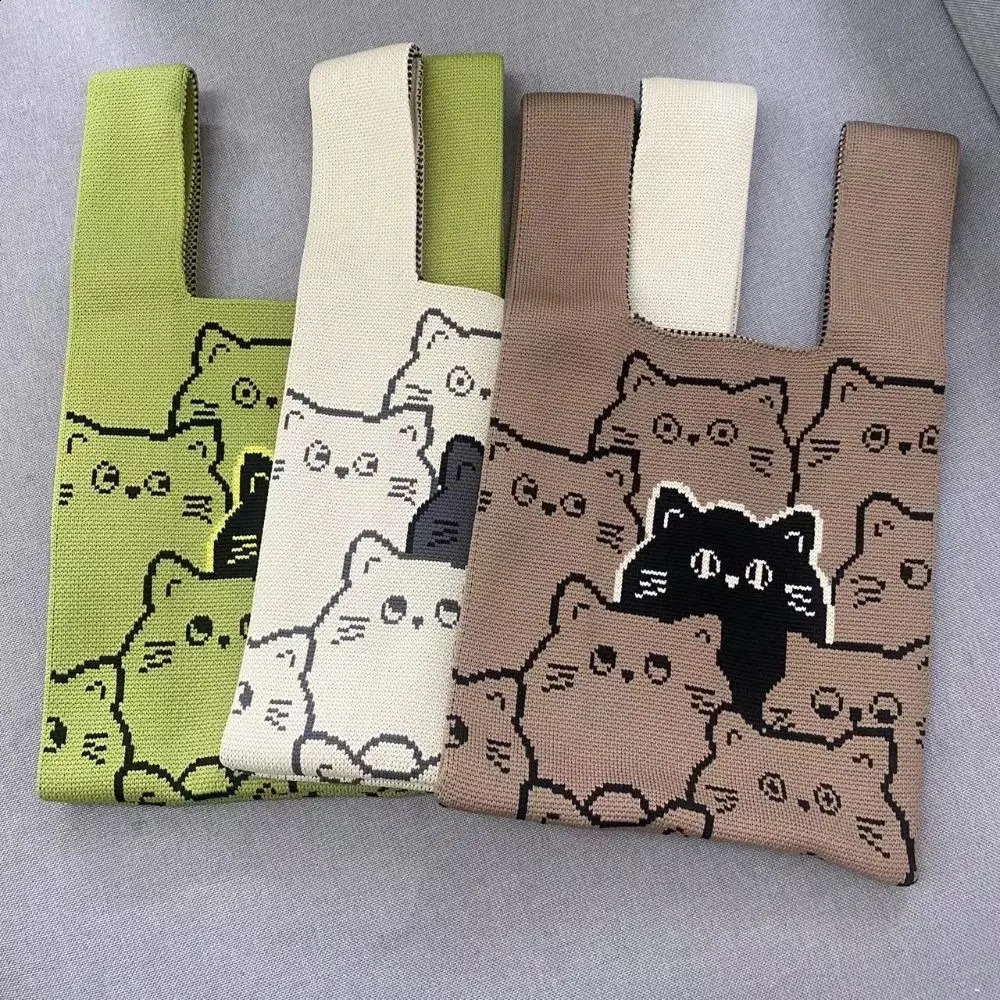 Cat Knit Handbag Casual Handmade Shopping Bags Highcapacity Knot Wrist Bag Girls 241227