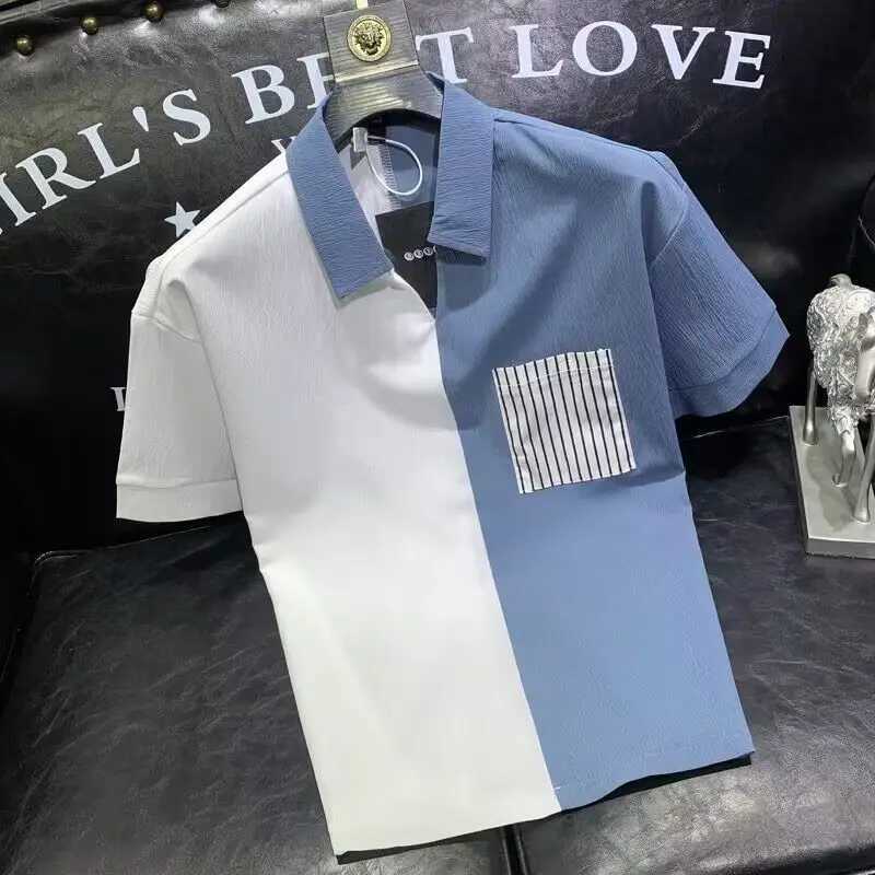 Mens 2024 Summer Pullover shirt Shirts Spliced Stripe Pocket Slim Comfortable Fashion Casual Versatile Short Sleeve T-shirt Top X241228