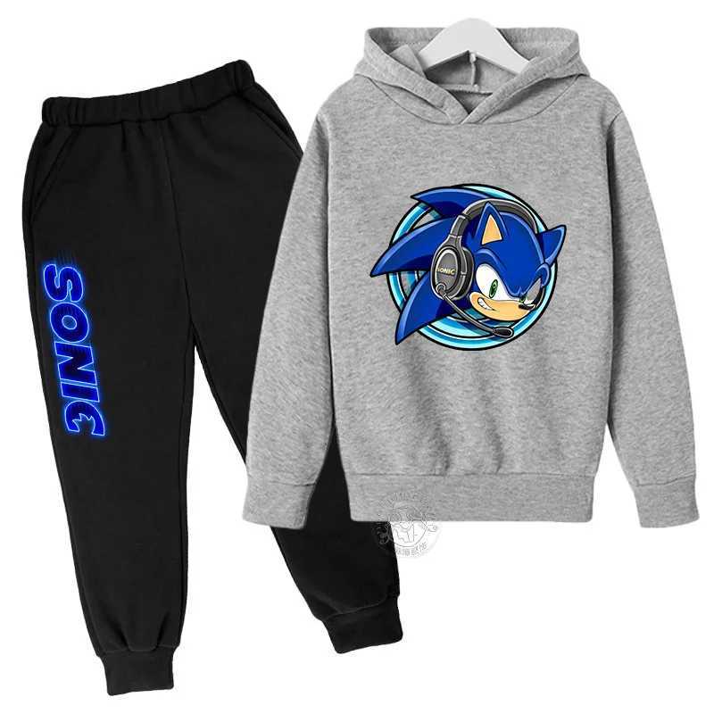 Childrens Anime Cartoon Sonic -Letter Printed Autumn/Winter Warm Two Piece Hoodie+Pants Sports Set for Boys and Girls Aged 3-13 X241228
