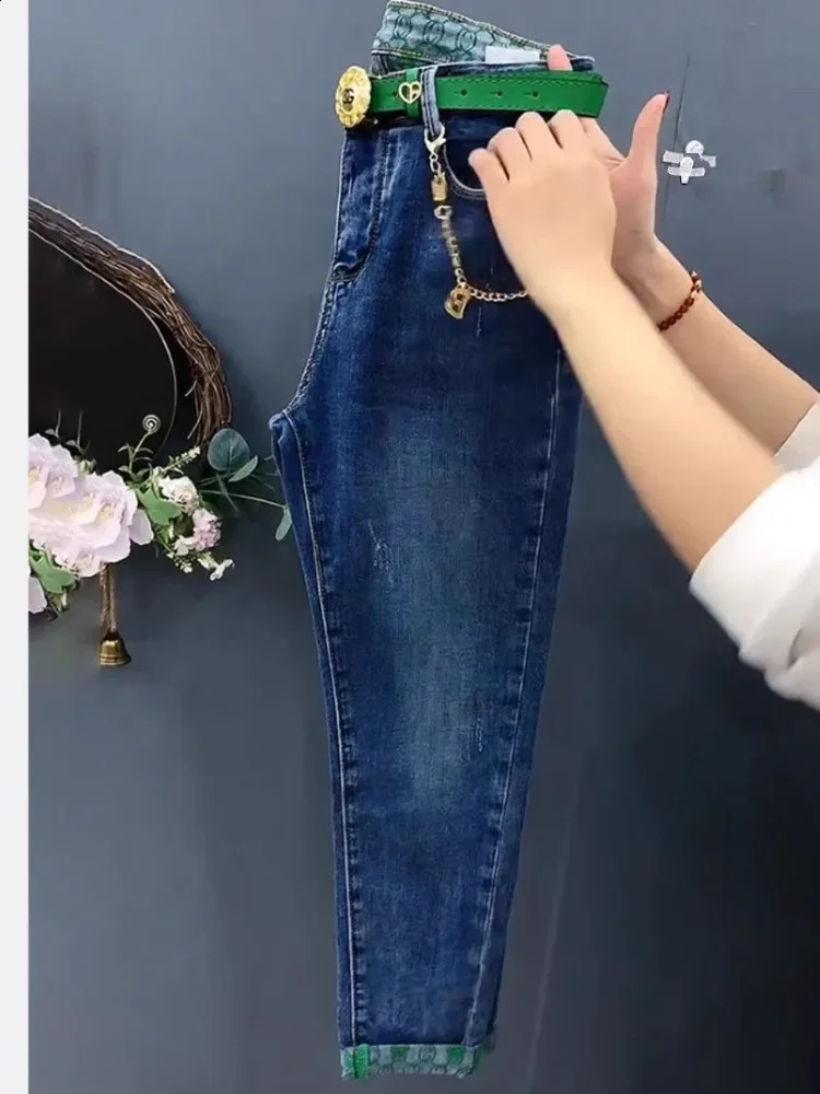 Blue Plus Size Jeans Spring Autumn Fashion Casual High Waist Stretch Straight Trouser SlimFit Elegant Edge Curl Harem Pants 241228