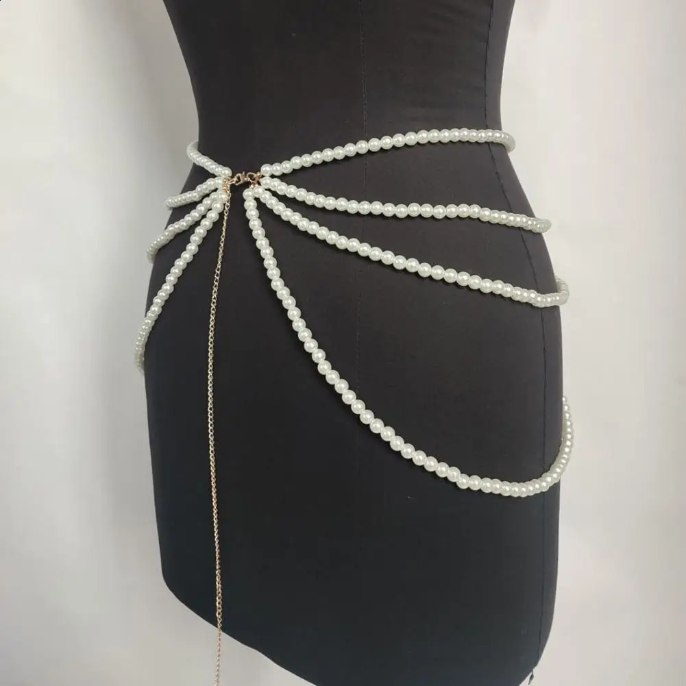Womens Belly Chain Multi-Layer Waist Chain with Faux Pearl Decor Elegant Waistband for Dresses Skirts Belt Chain Body Jewelry 241227
