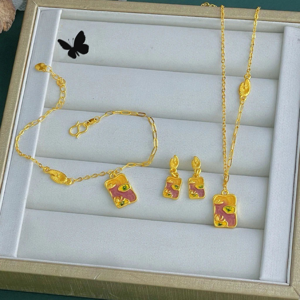 Enamel Monet garden pendant necklace bracelet earrings women light Chinese fashion jewelry three-piece set 241226