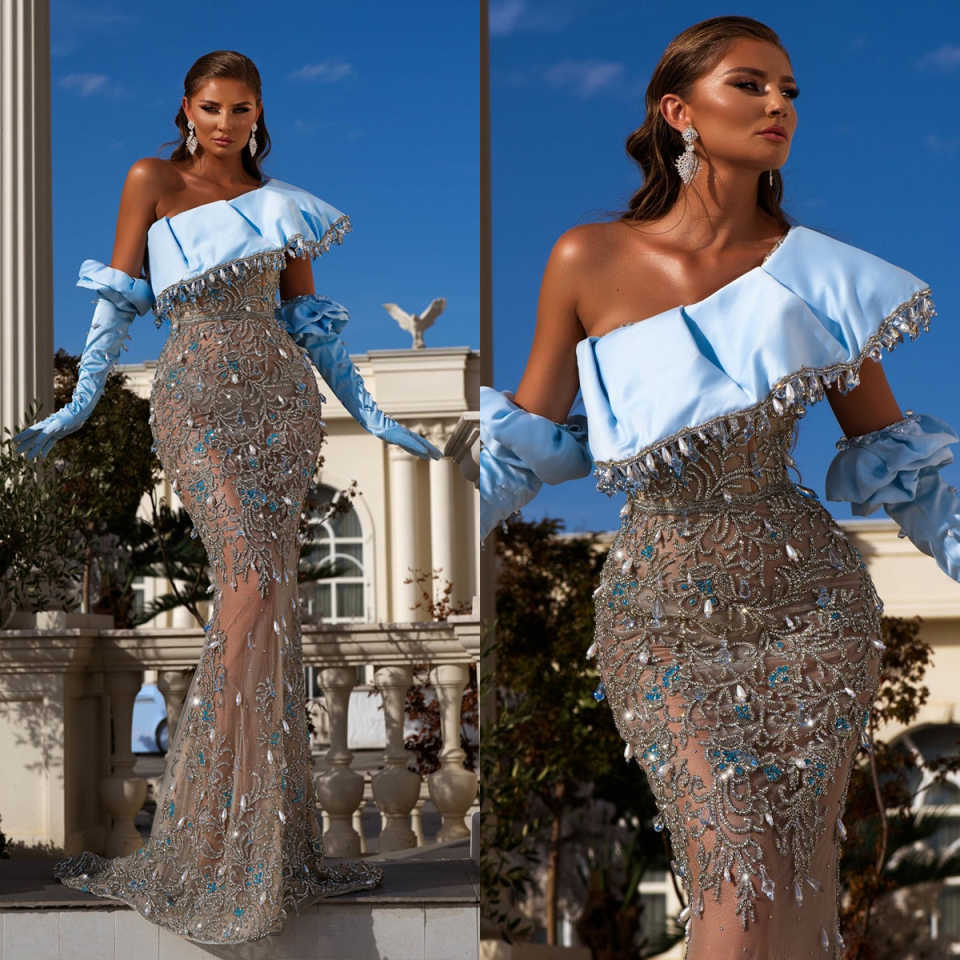 Sexy Mermaid Evening Dress Crystal Beaded Big Pearls Prom Gowns One Shoulder Illusion Special Occasion Dresses Customized