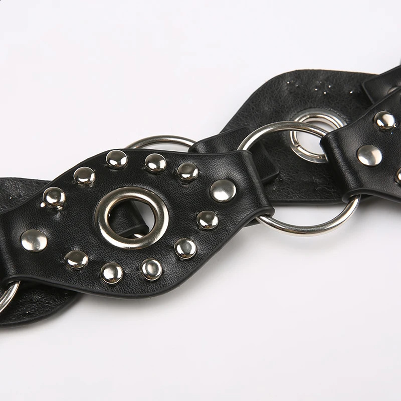 SUCHCUTE Lace Up Rivet Boho Vintage Black Belts for Women Round Eyelet Leather Y2K Style Accessories Grunge Waist Chain Belts 241227