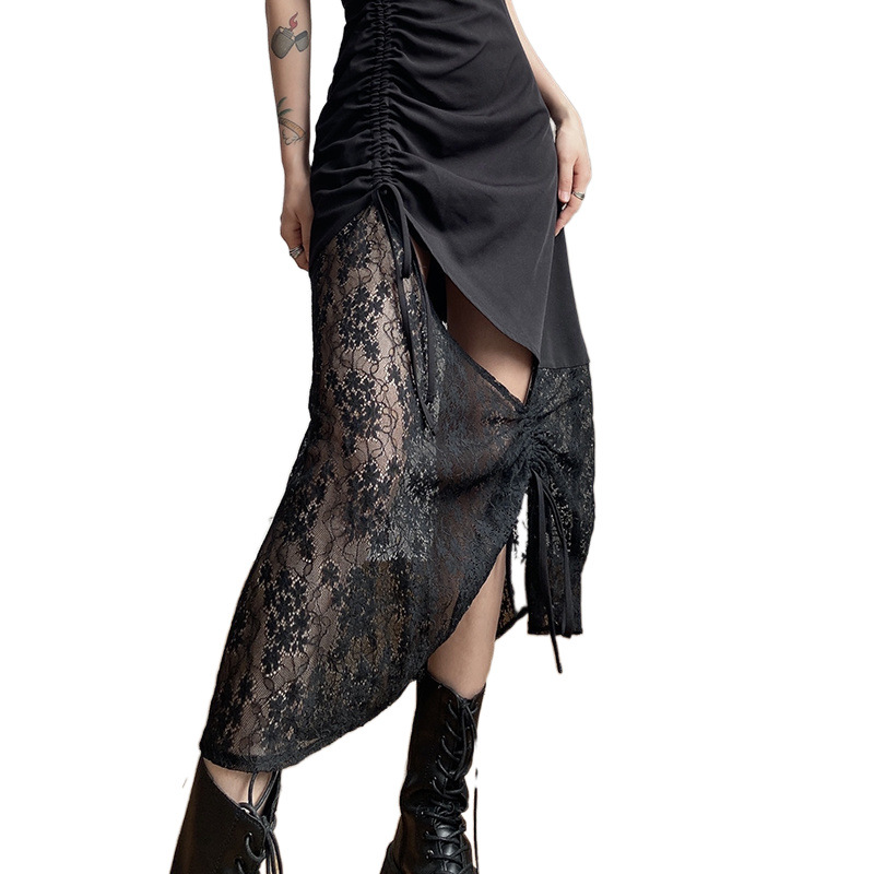 S160 Lace splicing suspender dress for women, backless, slim, hollow, pleated, waist-hugging chic long dress