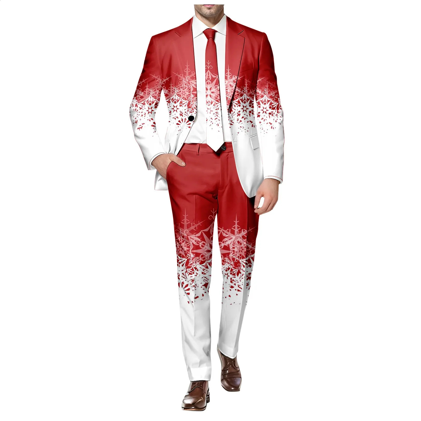 Blazer Mens Christmas 2 Piece Suit Set Snowflake Print Suit Jacket And Pants Set Slim Fit Xmas Party Wear Formal Suit For Men 241227