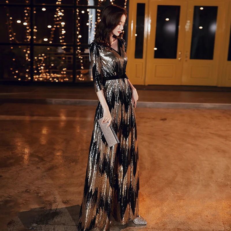Customized Long Evening Dress Elegant Robe De Soiree Zipper Women Party Dresses Plus Size V Neck Sequin Formal Gowns 241223