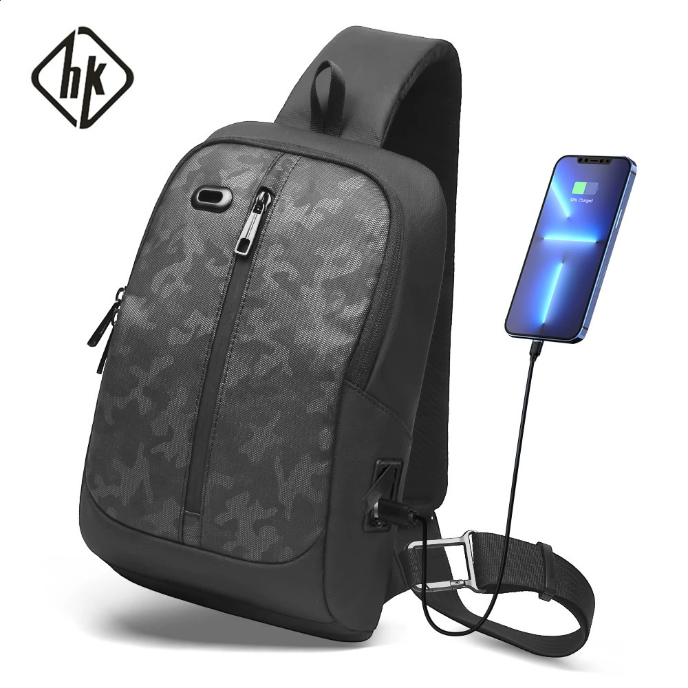 HK Chest Bag Men Anti-thief Crossbody Bag Waterproof Shoulder Bag With USB Charging Short Trip Travel Pack Bag For Male 7118 241228