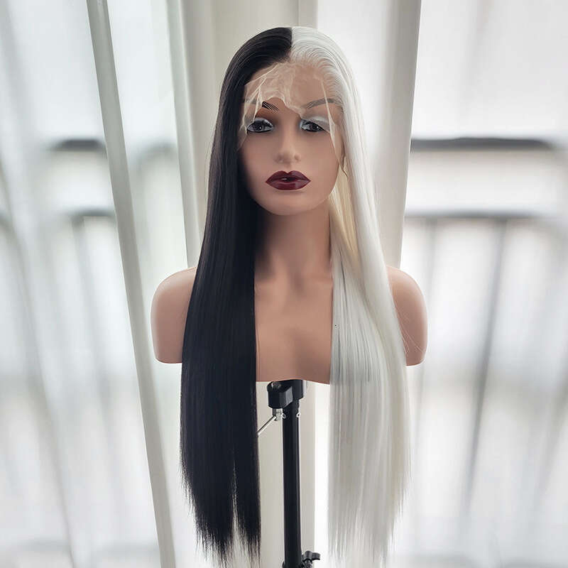 13 * 4 Front Lace Wig, Women's Black And White Double Splicing Yin-Yang Head, Split Long Straight Hair, Synthetic Full Head Cover Cosplay Wig Kq2