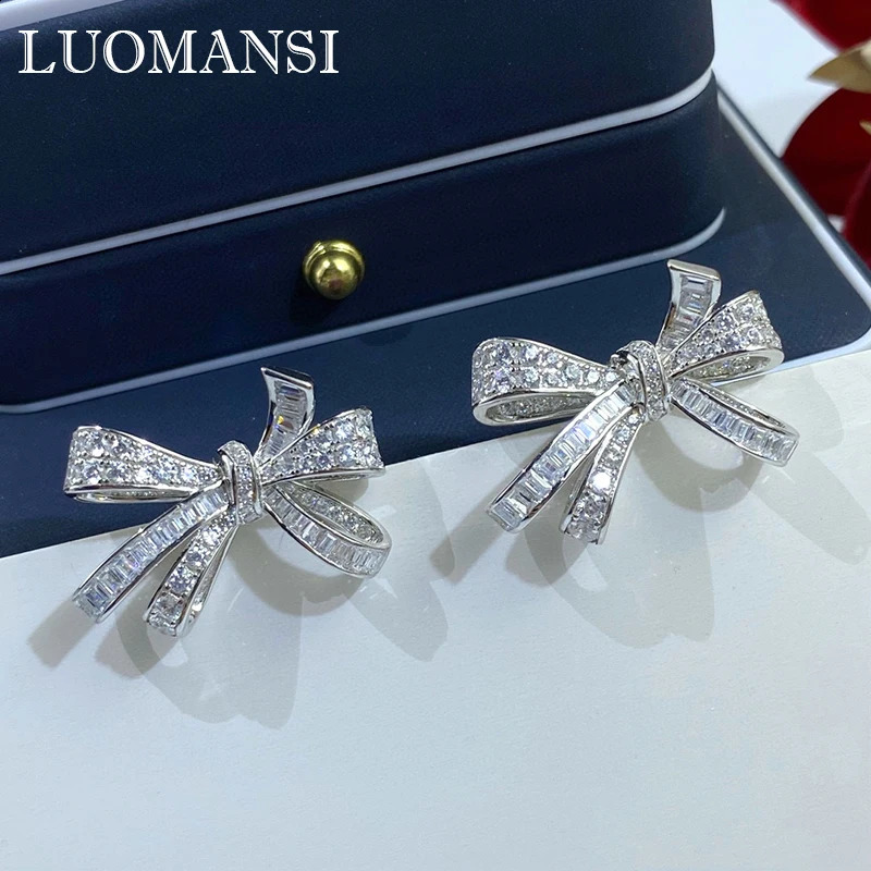 Luomansi Super Flashing Bow Diamond S925 Silver Earrings Fine Jewelry Wedding Party Birthday Romantic Woman Gift 241226