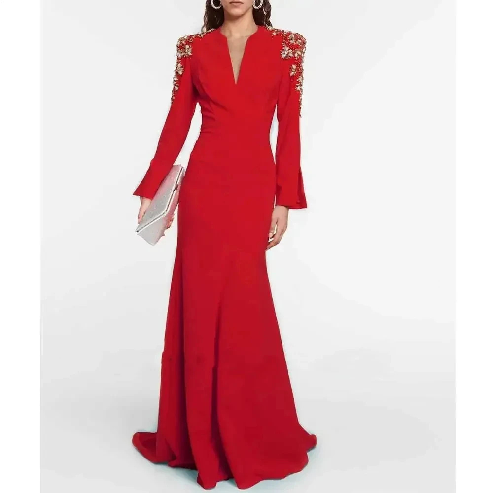 Elegant Red Evening Gown Rhinestone V-Neck Prom Dress Mermaid Customized Long Sleeves Beading Saudi Arabia Women Formal Dress 241223