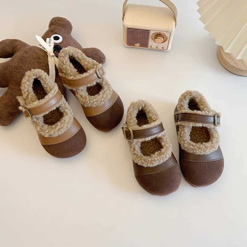 Winter Solid Preschool Girls Apartment Shoes PU Plush Warm Childrens Winter Shoes Shallow Hook Loop Soft Childrens Mary Jens W241228