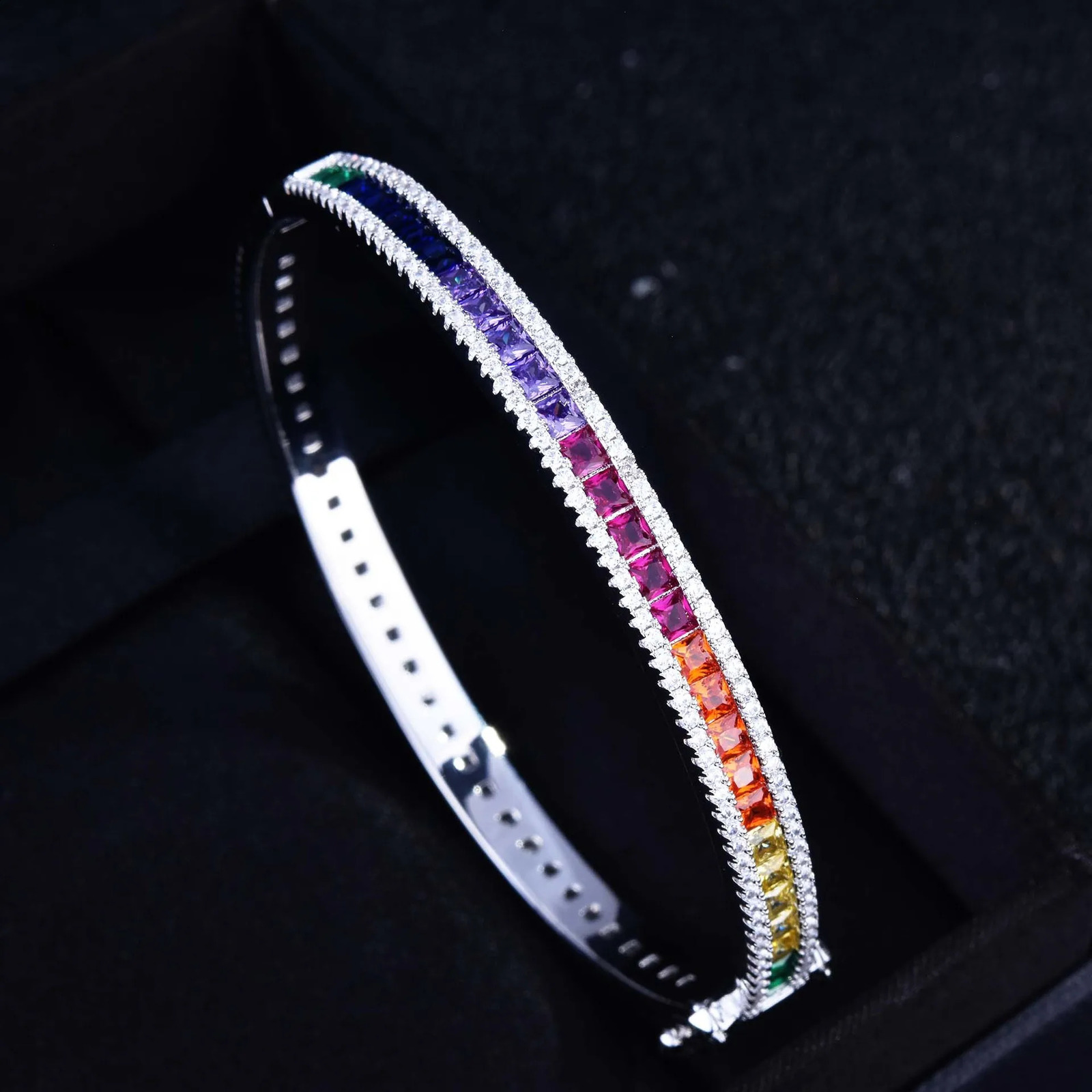 WPB Rainbow Zircon Bangle Women Bright Colored Square Diamond Bangles Female Platinum Plating Fine Jewelry Girl Gift 241227
