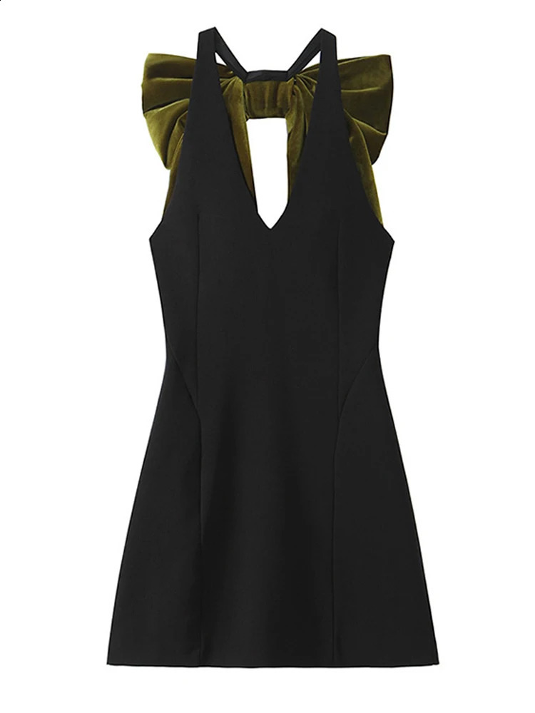 Elegant V Neck Backless Bow Dress Women Lace Up Slim O-neck Sleeveless Short Party Dresses 2024 Solid Straight Lady Robe 241223