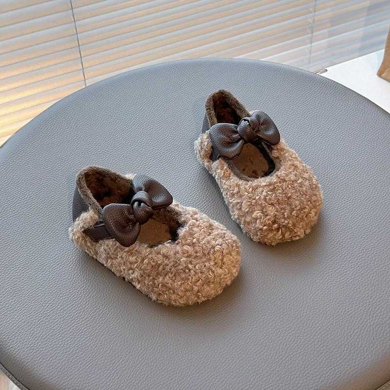 Kids Shoes Winter Toddler Girls Fashion Princess Flats Baby Children Brand Loafer Children Warm Fur outdoor Pearls Bow Soft Sole W241228