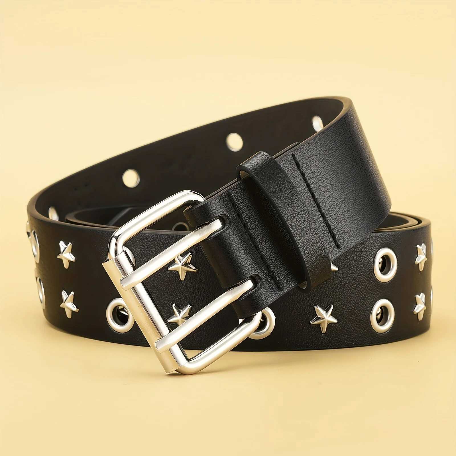 Pentagonal Star Rivet Womens Belt Double Row Needle Buckle Fashion Mens Belt Leather Belt Hip Hop Punk Rock Style Jeans Belt W241228