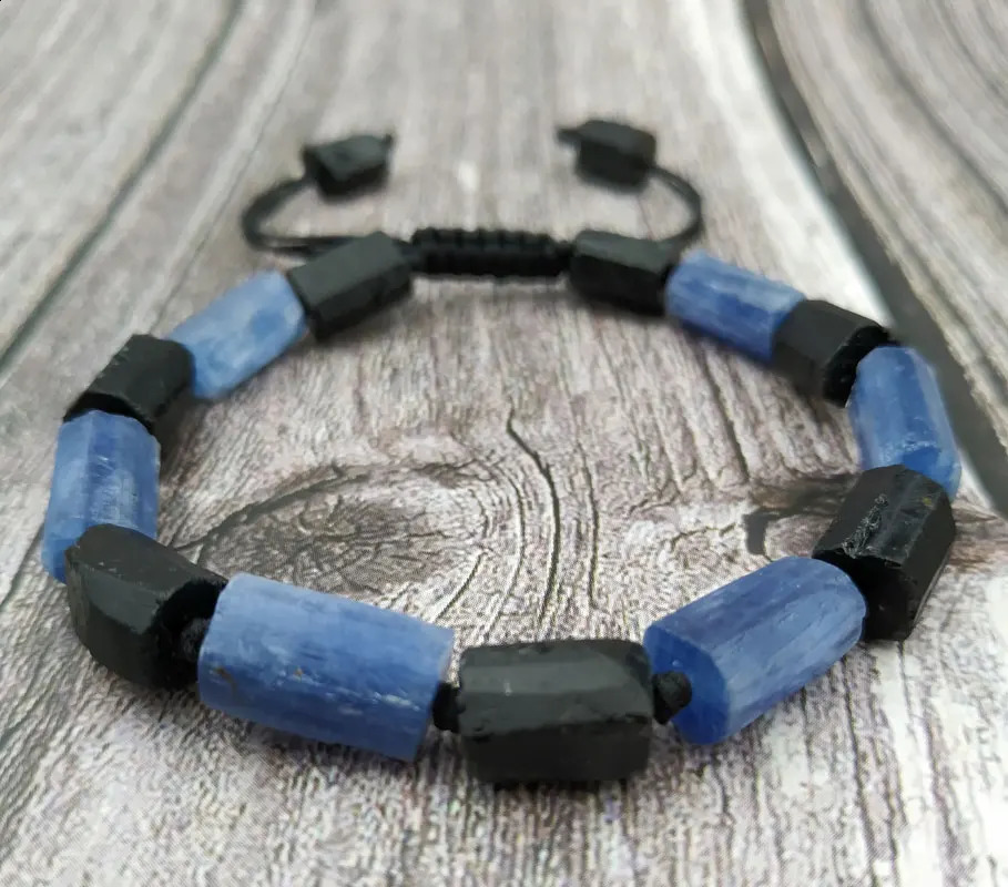 YA3933 Natural Kyanite Black Tourmaline Stone Beads Cord Knotted Adjustable Bracelet 241227