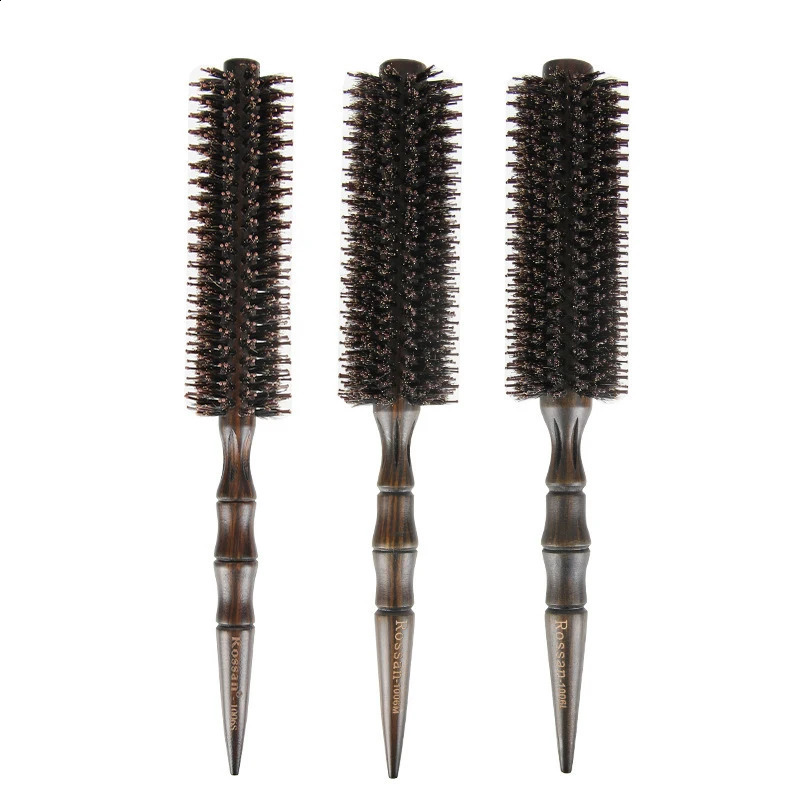 3 Sizes Barber Salon Natural Boar Bristle Comb Wood Handle Sharp Tail Hair Rolling Hairbrush Round Barrel Blowing Hair Comb 1601 250103