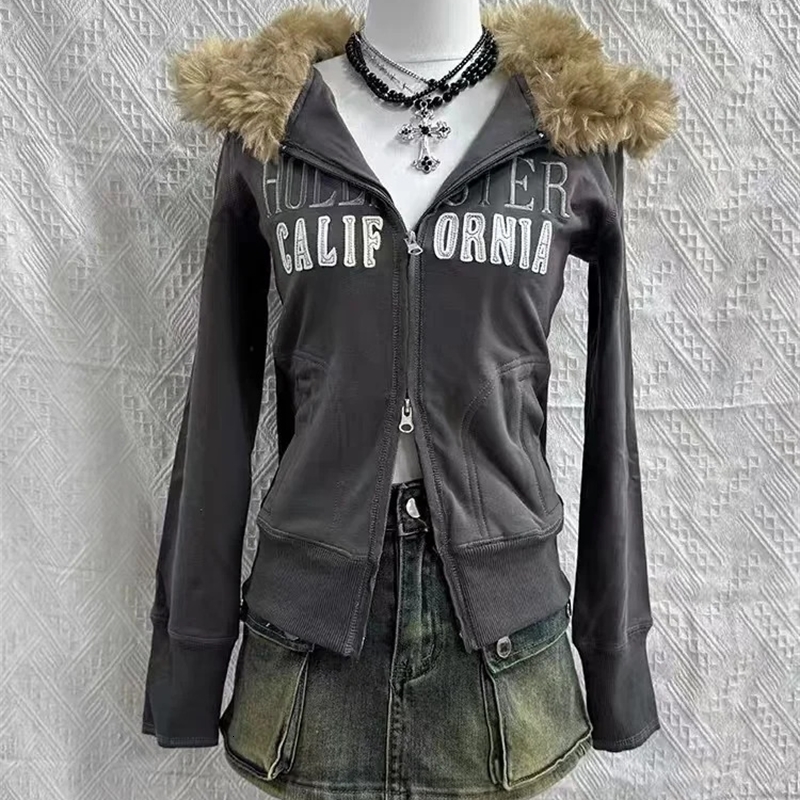 Vintage streetwear Winter fur collar thickened warm hoodie Women zip-up hoodie black lettering comfortable sweatshirt 241227