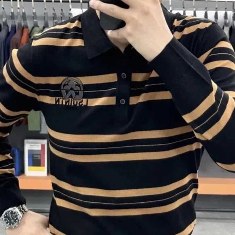 Trend Fashion England Men shirt Shirts Spring Autumn New Lapel Striped Contrast Color Luxury Casual Long Sleeve Sweatshirt Tops X241228