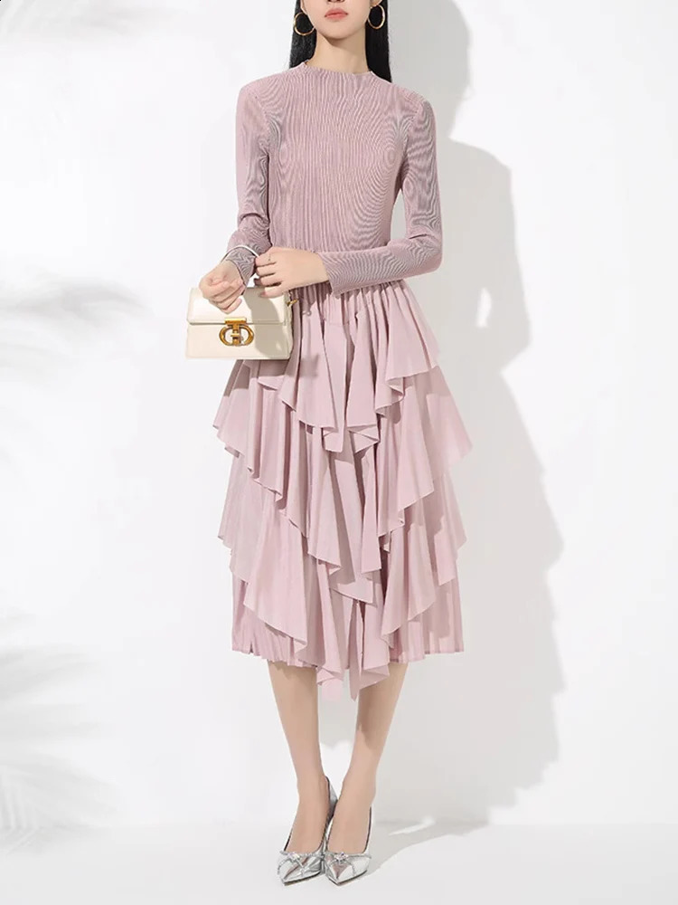 LANMREM Elegant Pleated Mid Length Dress For Women Long Sleeves Irregular Ruffles Patchwork A-line Dresses Fashion 2VV2046 241223