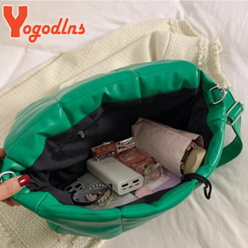 Yogodlns Winter Space Cotton Down Shoulder Bag Female Leather Flap Crossbody Bag Large Capacity Padded Messenger Handbag Bolsa 241227