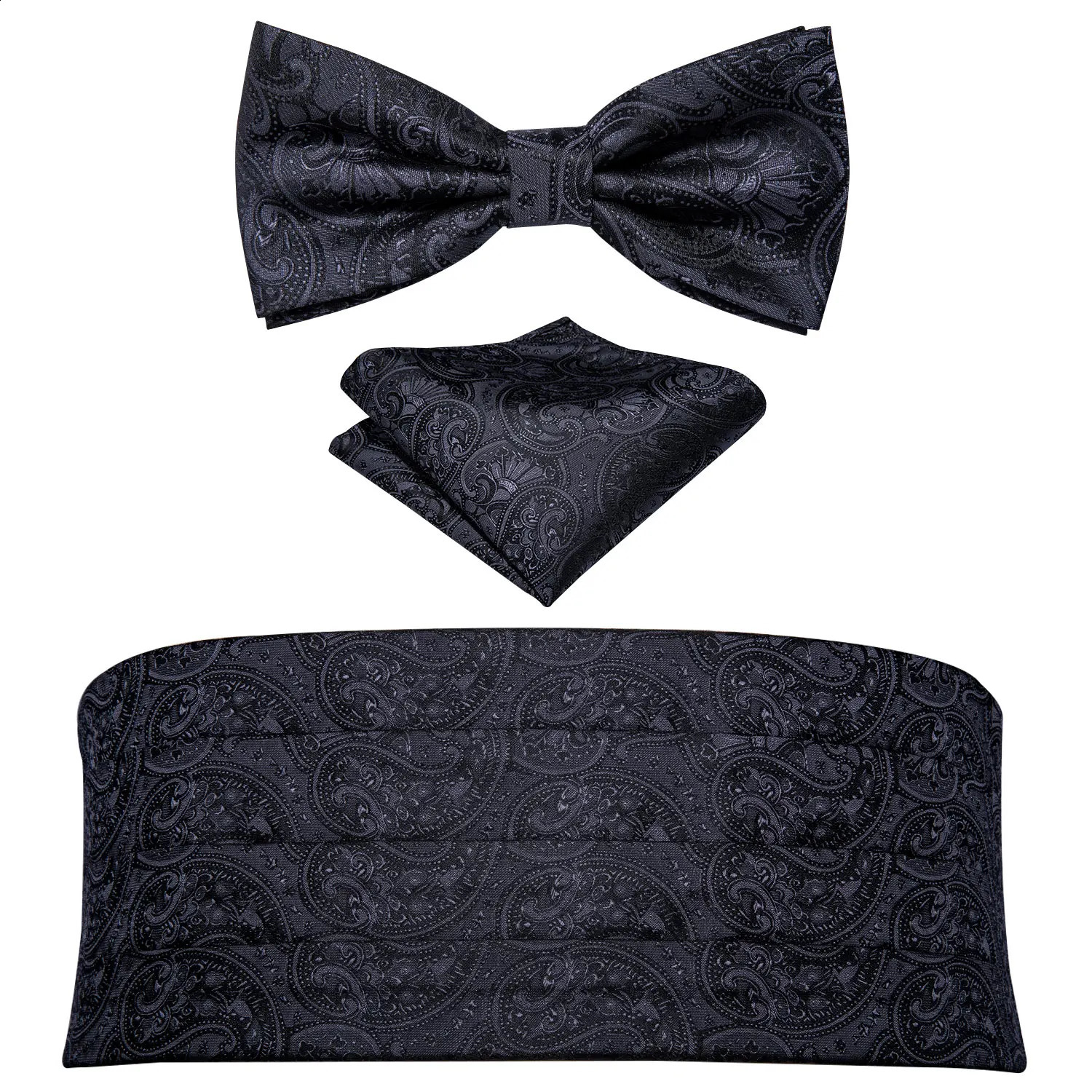 Silk Paisley Tuxedo Mens Cummerbund Bow Tie Pocket Square Set Black Formal Wide Elastic Belt For Men Wedding Party Barry. Wang 241227