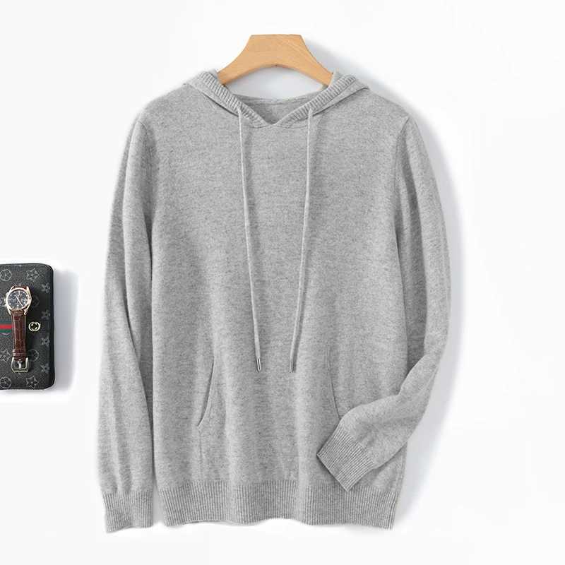 Mens 100% merino wool new V-neck cashmere hoodie thick warm solid color high-end sweater long sleeve business casual pullover i X241228