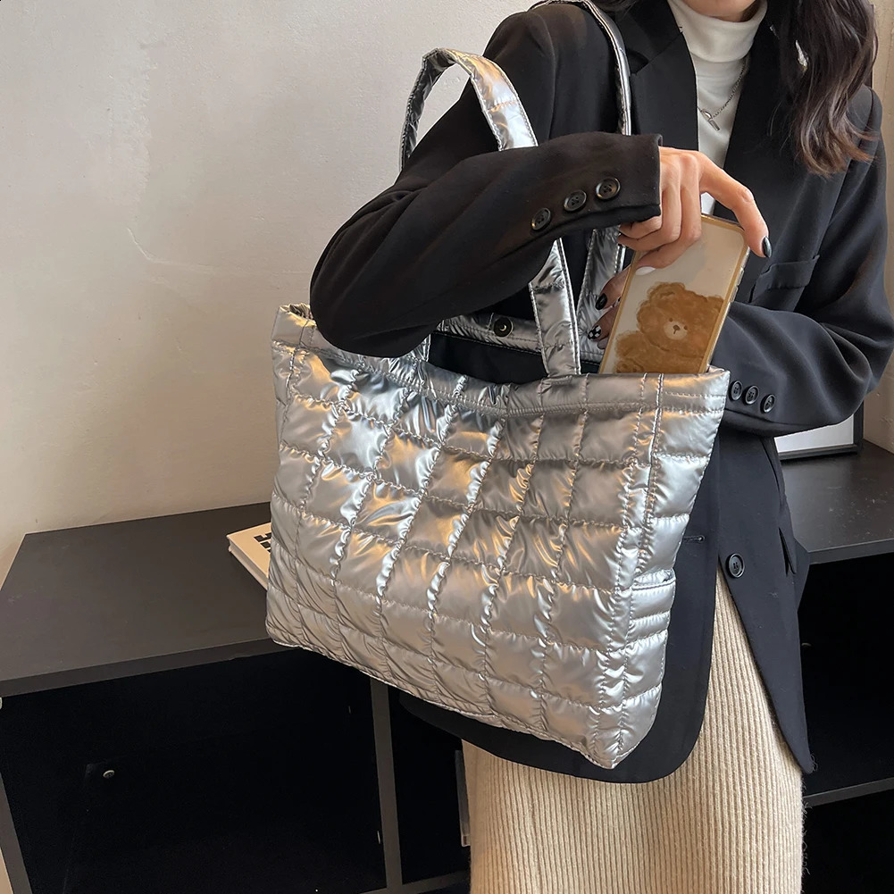 Fashion Nylon Quilted Women Shoulder Bags Autumn Winter Large Capacity Cotton Padded Handbags Top-handle Bags for Ladies 241228