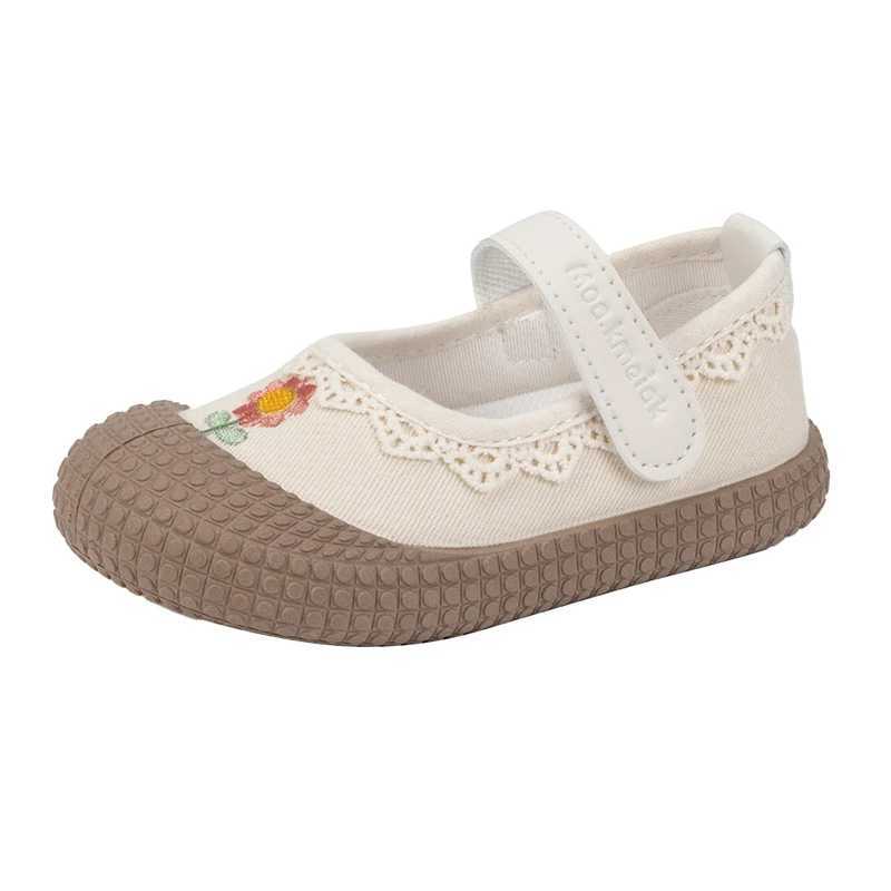 Unishuni Girls Flats Baby Kids Canvas Shoe Child Casual Flats Princess Lace Ruffles Cloth Mary Jane Shoes with Flower Embroidery W241228