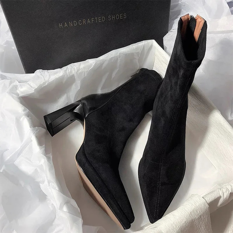 Women High Heels Pointed Toe Ankle Chelsea Boots Suede Chunky Fashion Walking Shoes Winter Pumps Dress Zapatos Mujer 241223