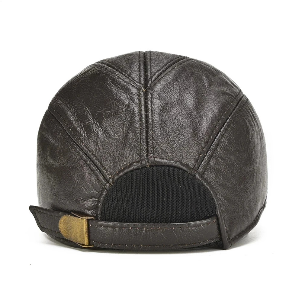 Male Fall Winter Genuine Real Cow Leather Baseball Hats Casual Real Leather Earflap Cap Men Real Cowhide Leather Caps 241227
