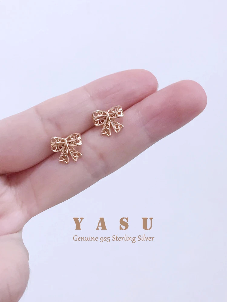 Yasu Genuine 925 Sterling Silver Korean Bowknot Stud Earrings For Women Elegant Hollow Bow Wedding Jewelry Accessories 241226