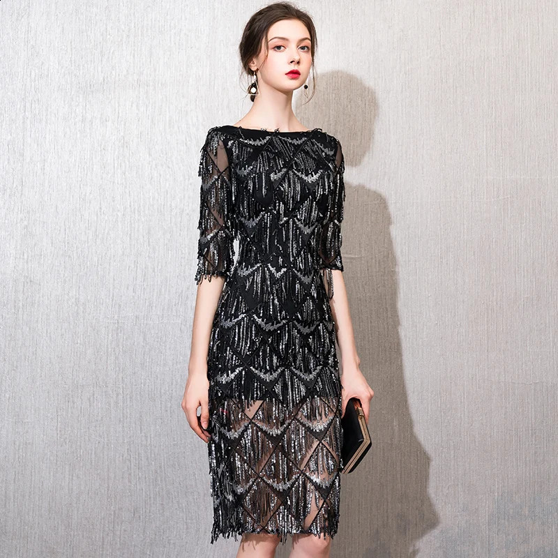 Customized Black O-neck Half Sleeves Evening Dress Straight Sequin Elegant Womens Dress Formal Party Prom Dress 241223