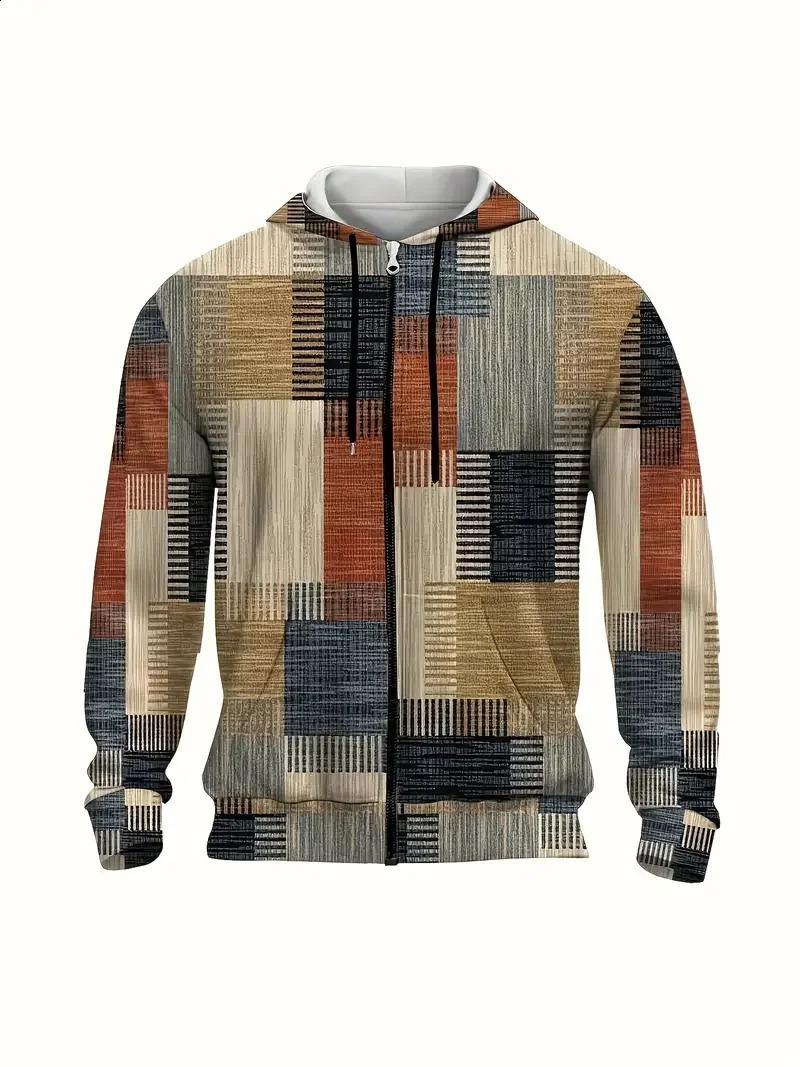 Y2K Mens Patchwork Printed ZipUp Hoodie Jacket Casual Hooded Sweatshirt With Pockets For Spring Autumn Fashion Clothing 241223