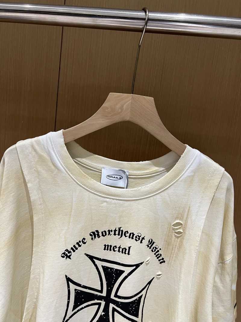 On Slve Grailz Project Apricot Loose Washed Hole Dirty Stain T Shirt Men Women Hip Hop Thr Fake Items Design T-shirts T X2412281