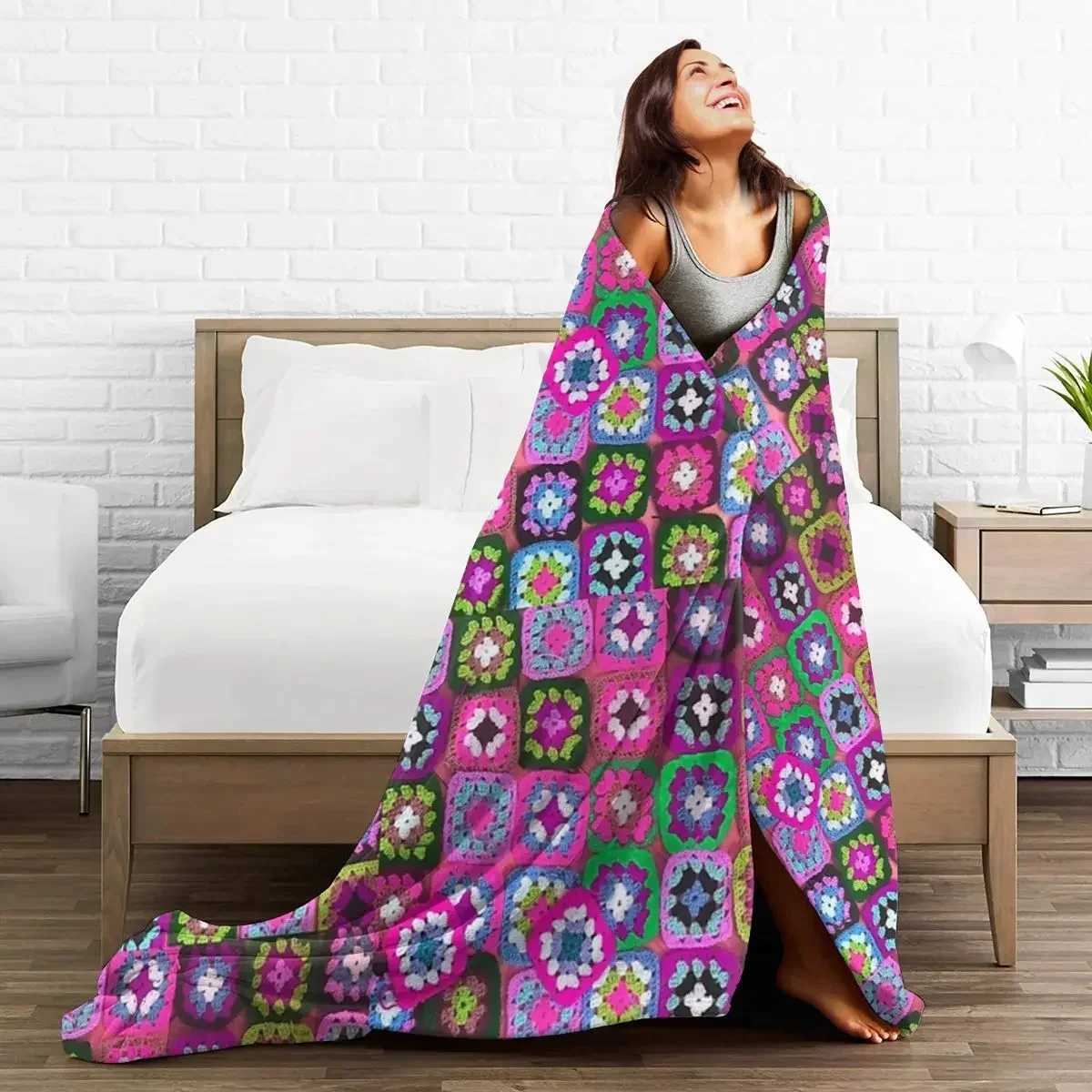 Crochet Blanket Granny Square Vintage Blankets Warm Flannel Throw Blanket Bedspread for Bed Living room Picnic Travel Home Couch Z241228