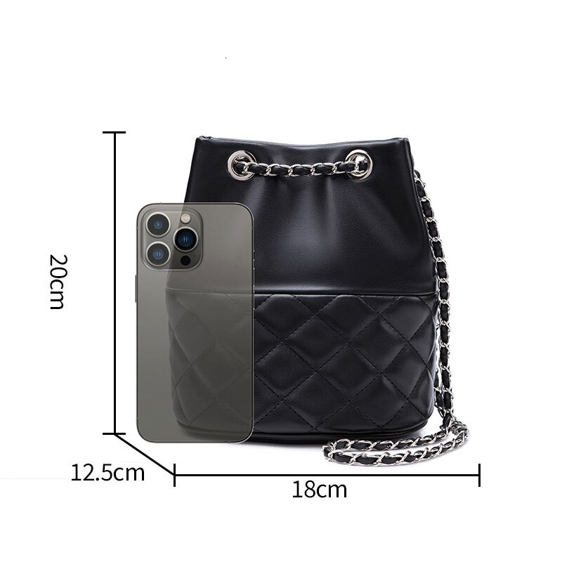Women's Chain New Genuine Leather Women Crossbody Bucket Bag High Quality Cowhide Dia Lattice Shoulder Bags
